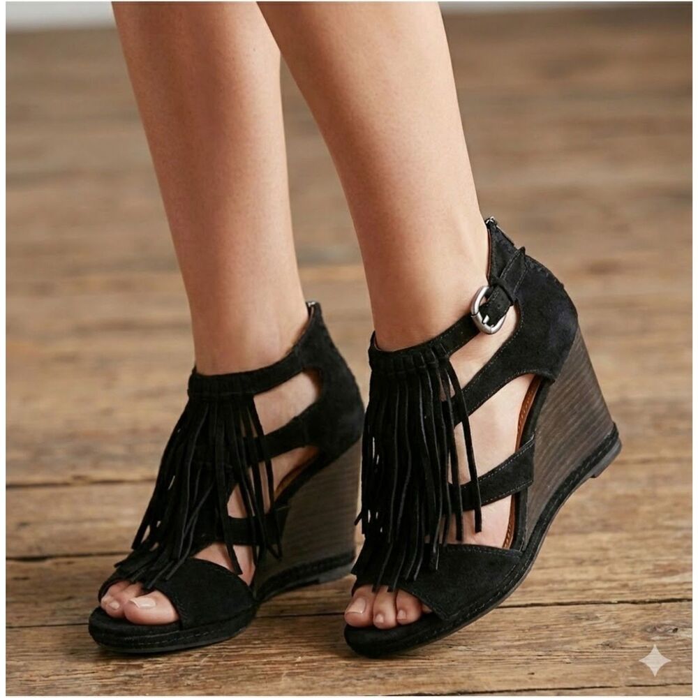 Trask Wedge Sandals 7 Suede Fringe Boho Festival Western Chic Zip Comfort Black